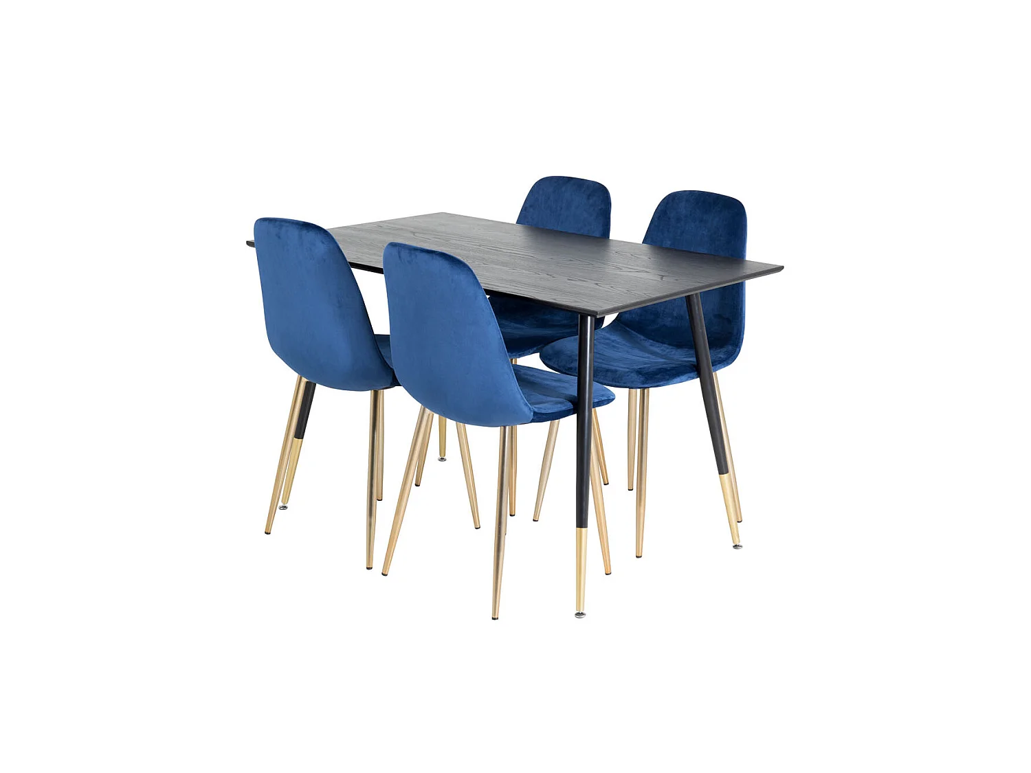 Dipp120x85BLBR ensemble table, table noir et 4 Polar chaises Velours bleu, laiton décor.