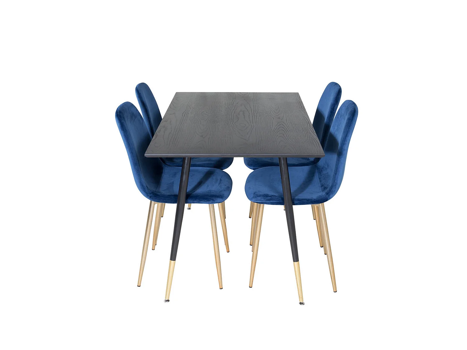 Dipp120x85BLBR ensemble table, table noir et 4 Polar chaises Velours bleu, laiton décor.