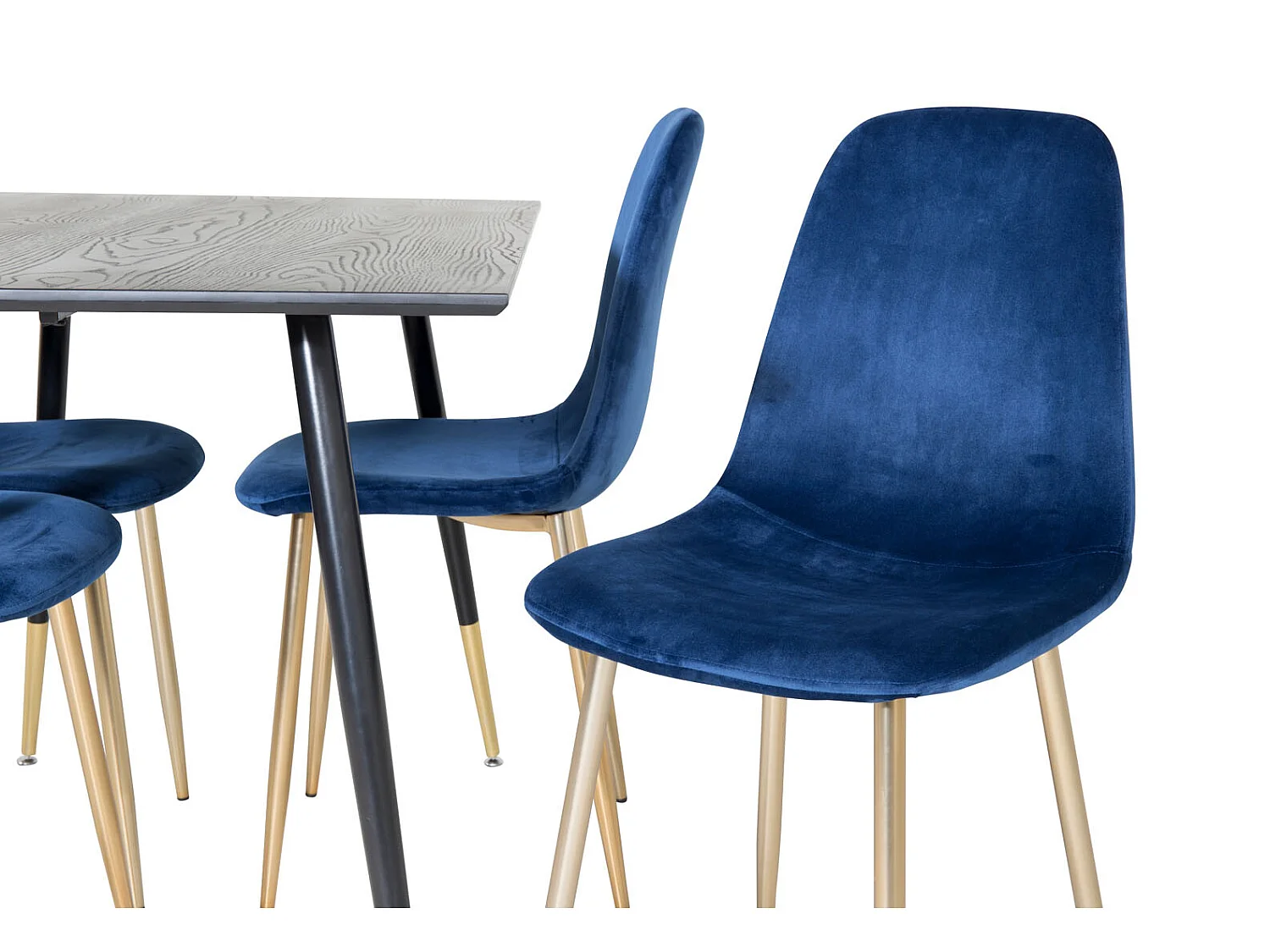 Dipp120x85BLBR ensemble table, table noir et 4 Polar chaises Velours bleu, laiton décor.