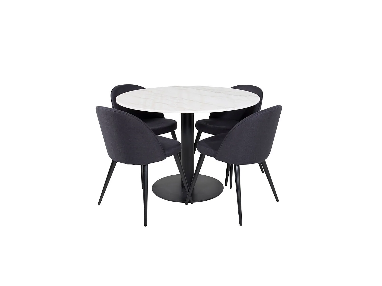 EstelleØ106WHBL ensemble table, table blanc, marbre et 4 Velvet chaises noir.