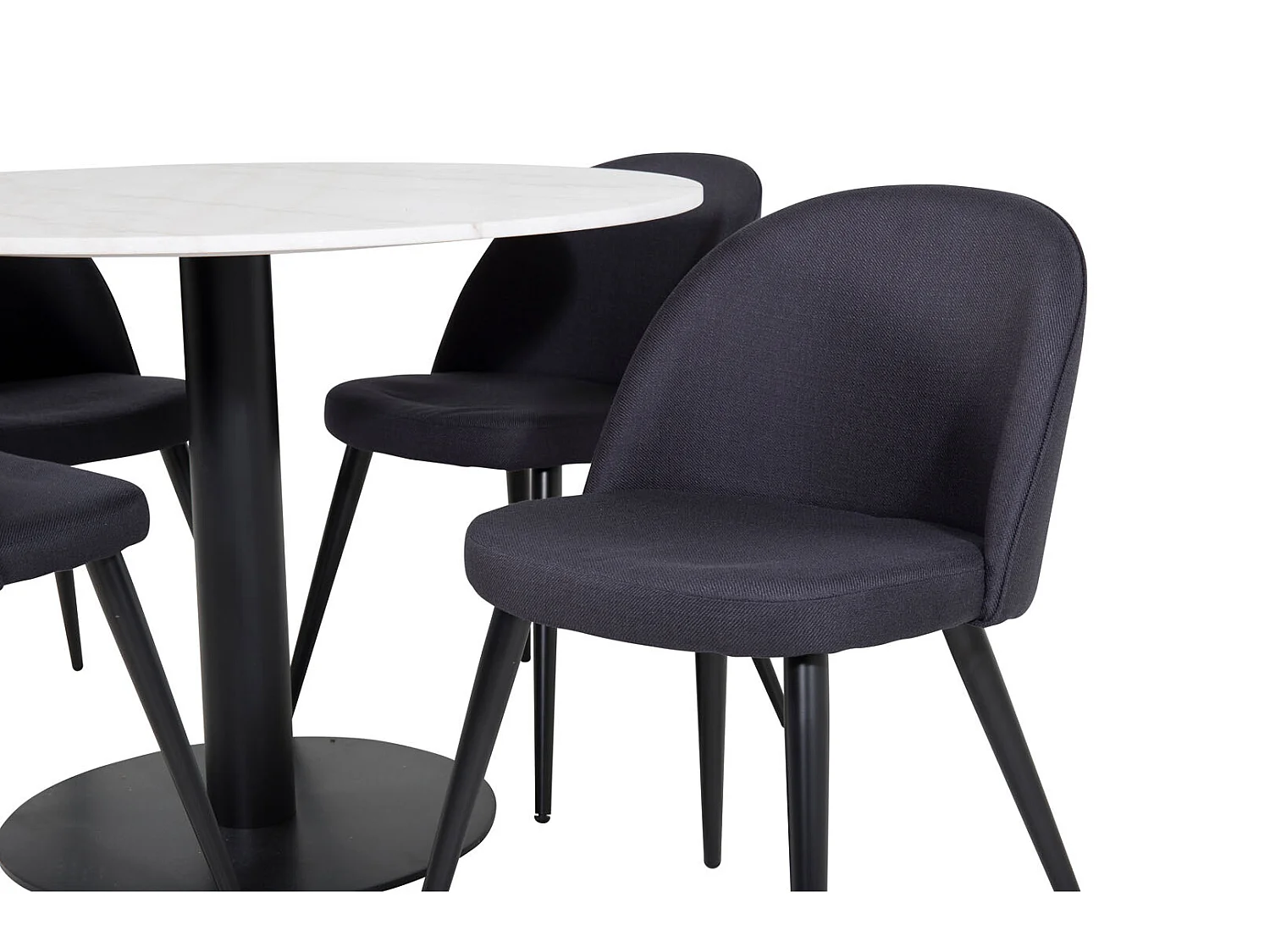 EstelleØ106WHBL ensemble table, table blanc, marbre et 4 Velvet chaises noir.