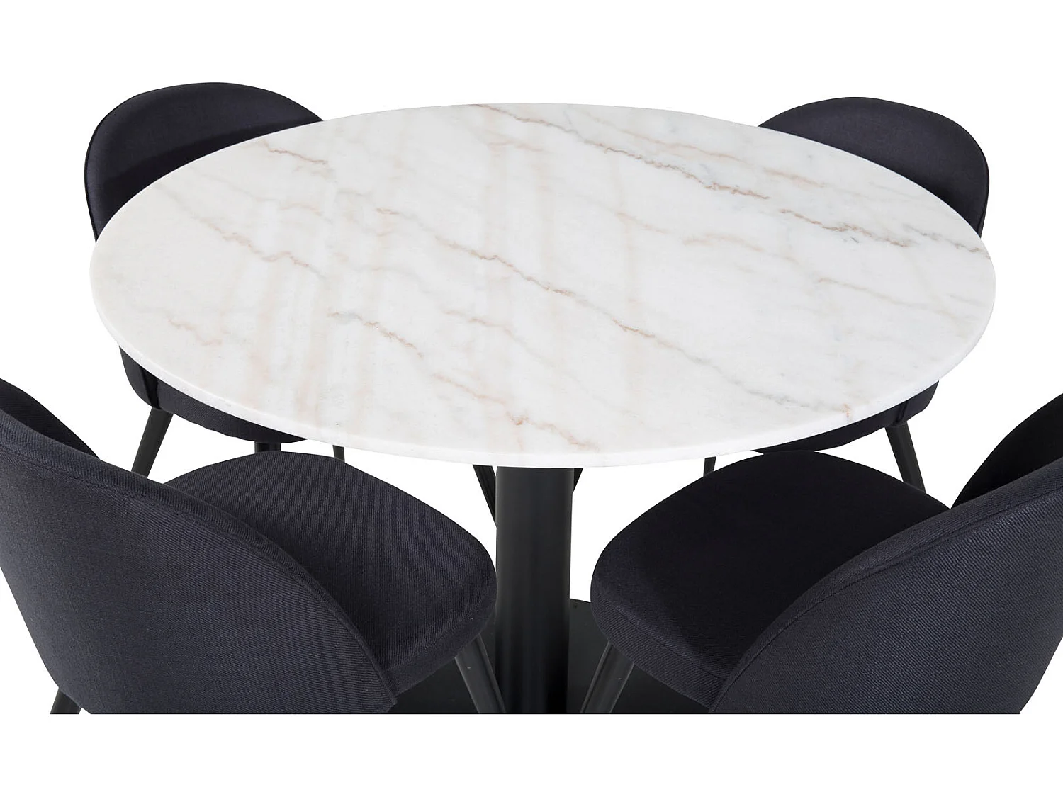 EstelleØ106WHBL ensemble table, table blanc, marbre et 4 Velvet chaises noir.