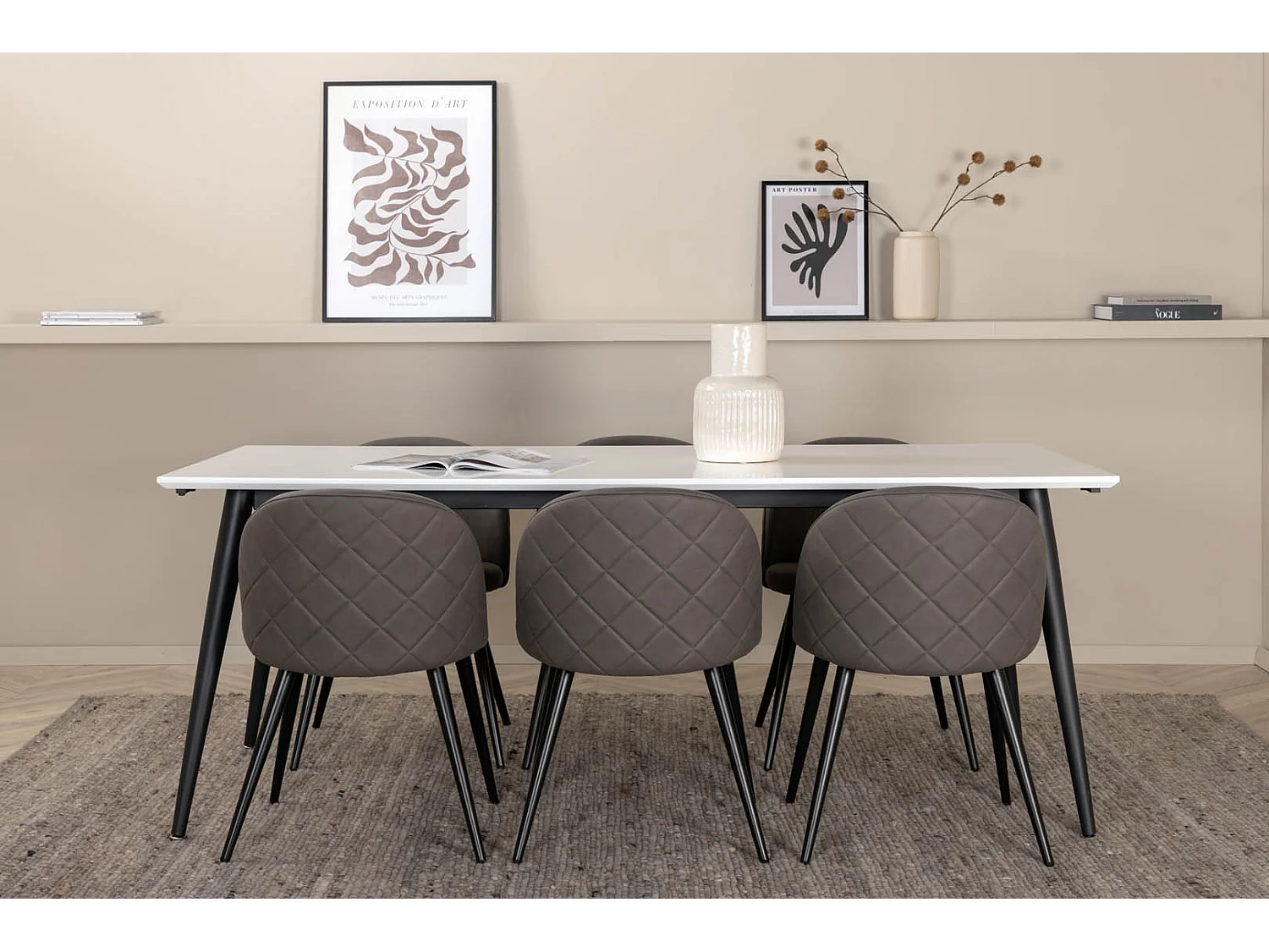 Jimmy195 ensemble table, table extensible longueur cm195 / 285 blanc et 6 Velvet Stitches chaises gris.