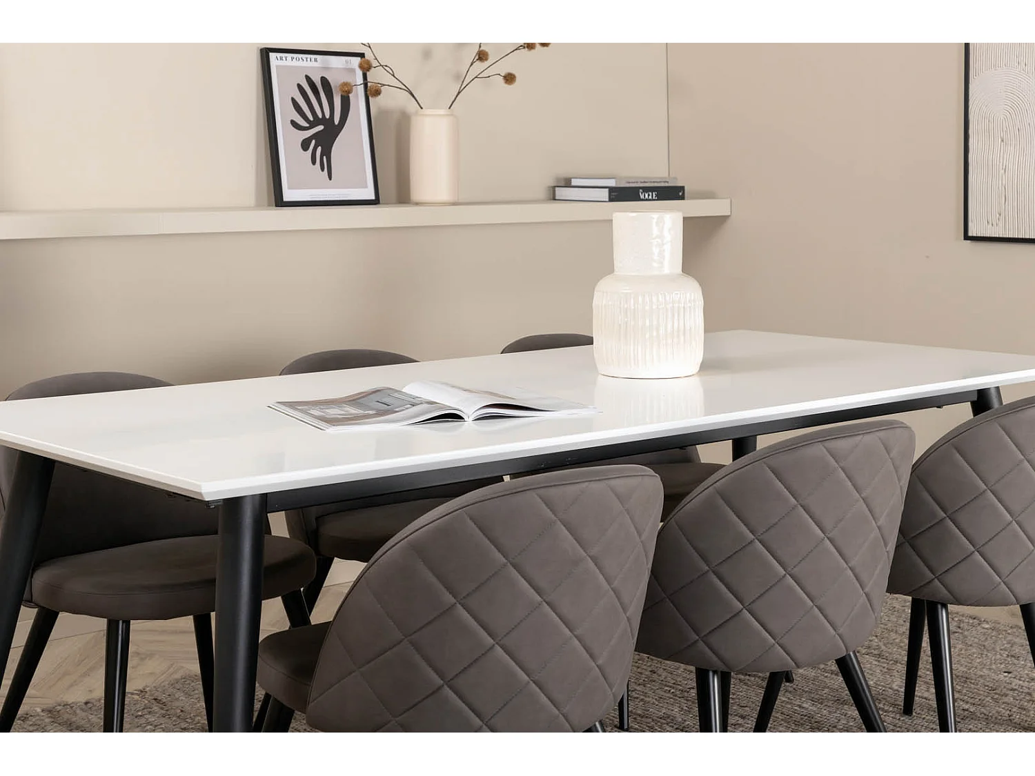 Jimmy195 ensemble table, table extensible longueur cm195 / 285 blanc et 6 Velvet Stitches chaises gris.