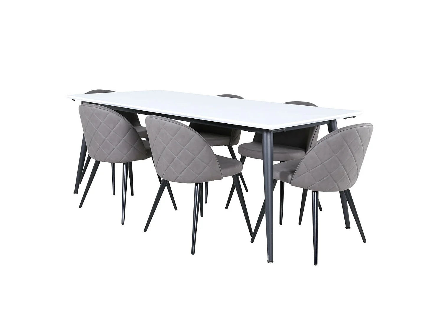 Jimmy195 eethoek eetkamertafel uitschuifbare tafel lengte cm 195 / 285 wit en 6 Velvet Stitches eetkamerstal grijs.