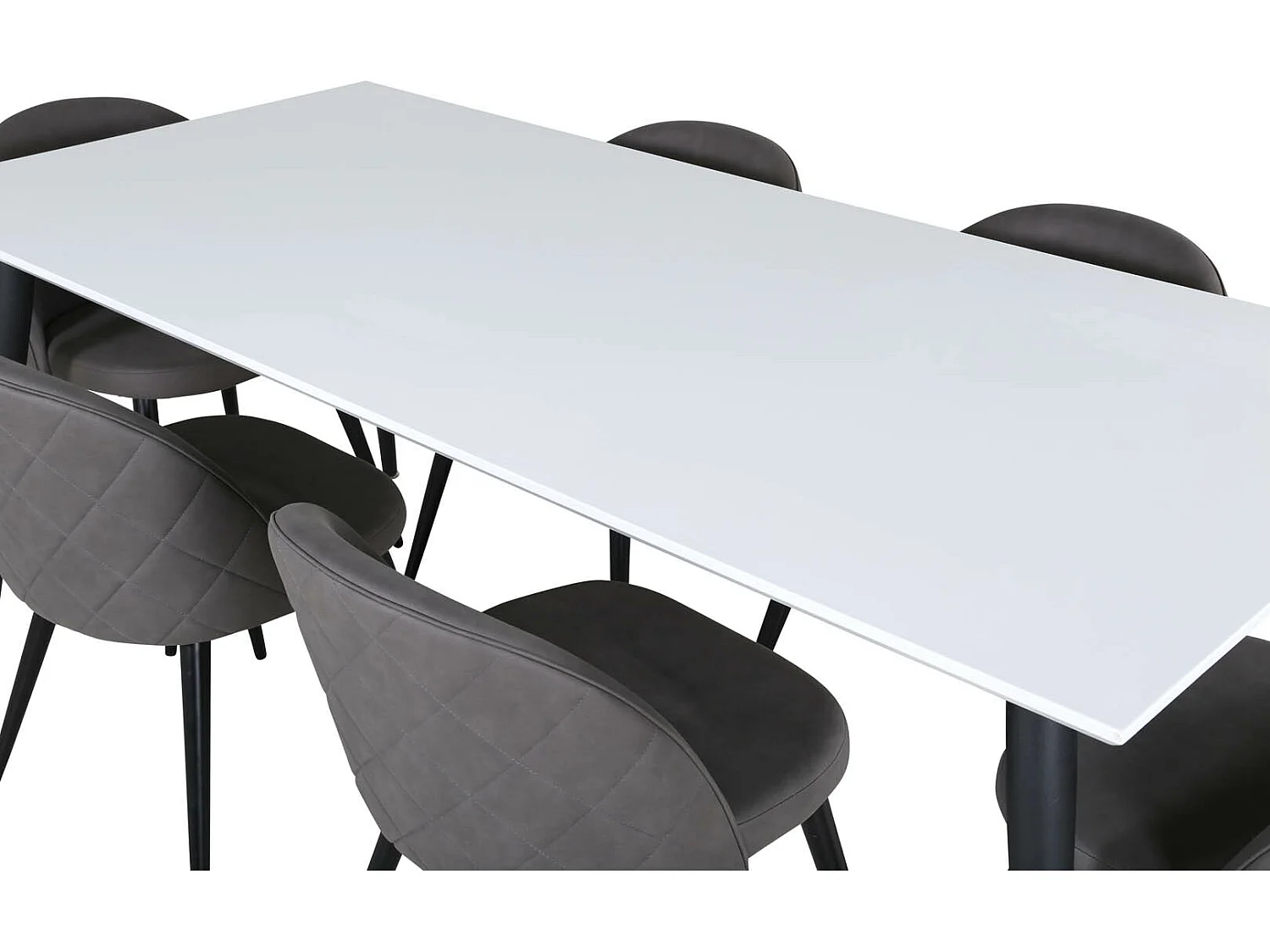 Jimmy195 eethoek eetkamertafel uitschuifbare tafel lengte cm 195 / 285 wit en 6 Velvet Stitches eetkamerstal grijs.