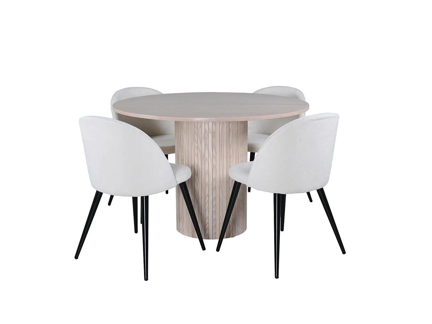 BiancaROWW ensemble table, table chêne plaqué blanc washed et 4 Velvet chaises Velours côtelé beige, noir.