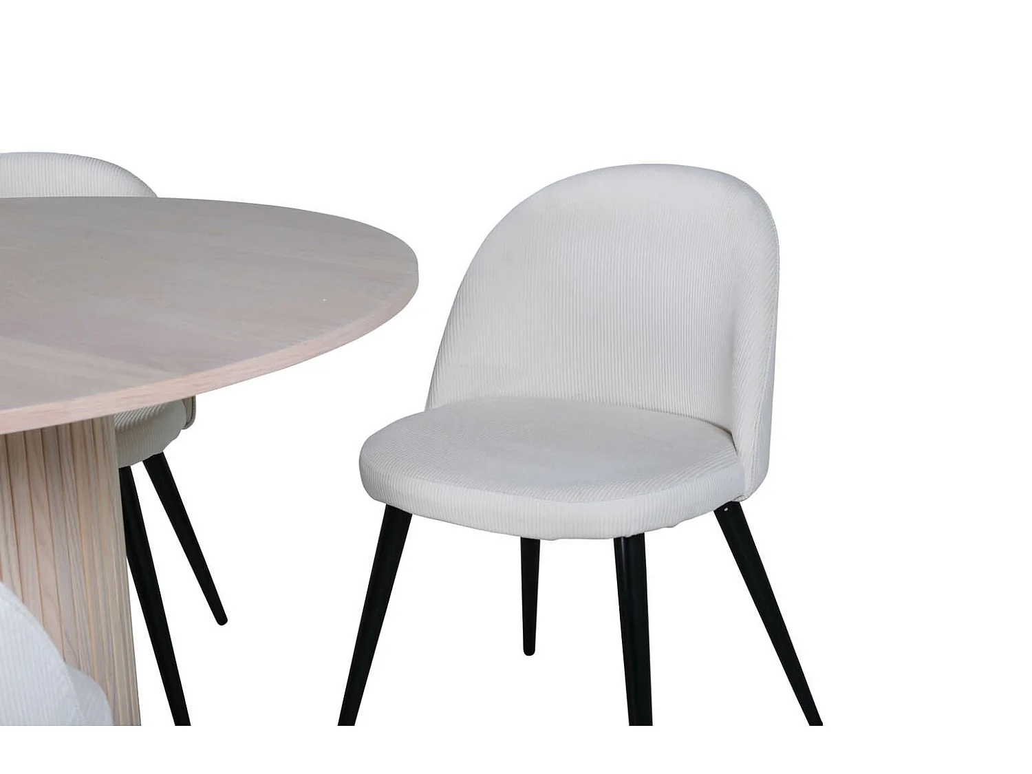 BiancaROWW ensemble table, table chêne plaqué blanc washed et 4 Velvet chaises Velours côtelé beige, noir.