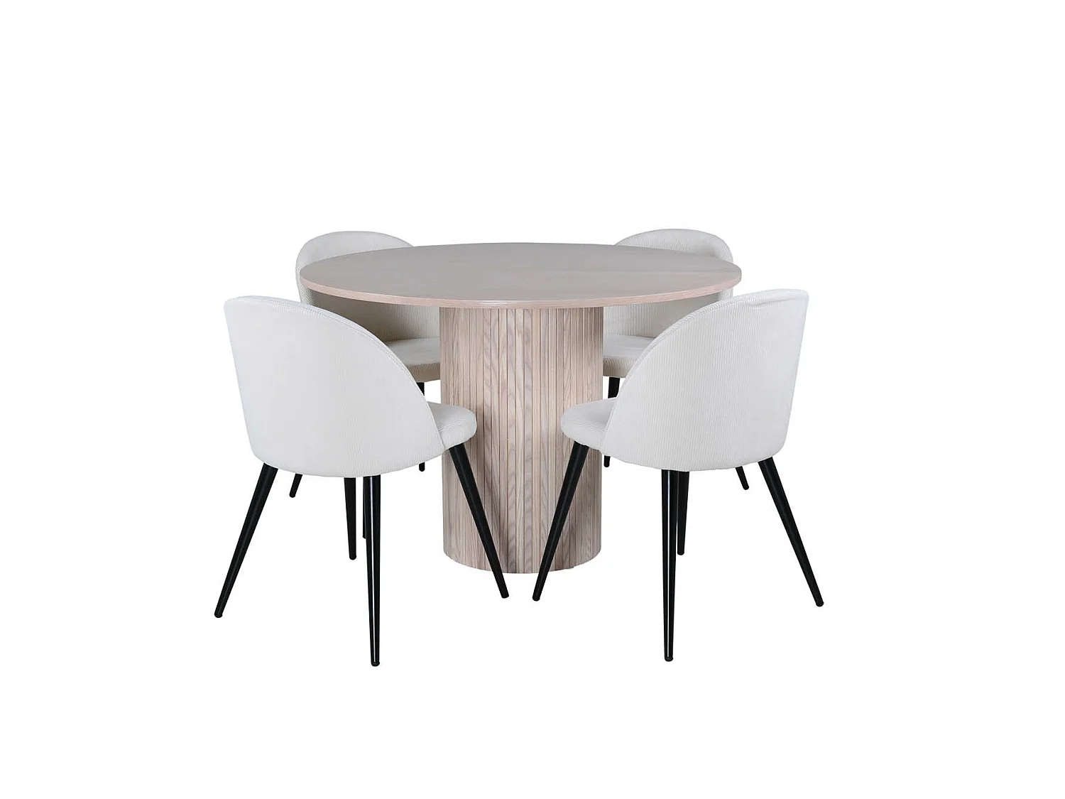 BiancaROWW ensemble table, table chêne plaqué blanc washed et 4 Velvet chaises Velours côtelé beige, noir.