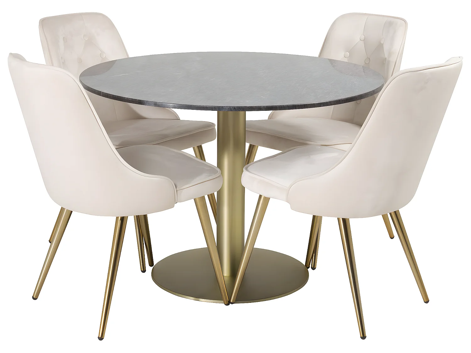 EstelleØ106BLBR Essgruppe Esstisch schwarz, Marmor und 4 Velvet Deluxe Esszimmerstühle Velour beige, Messing dekor.
