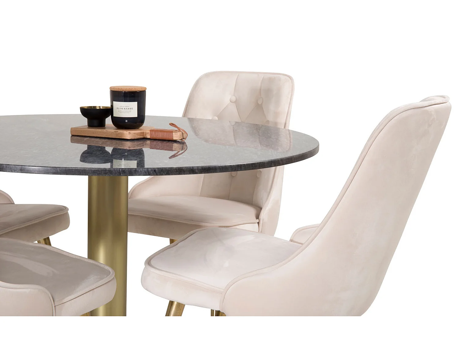 EstelleØ106BLBR Essgruppe Esstisch schwarz, Marmor und 4 Velvet Deluxe Esszimmerstühle Velour beige, Messing dekor.