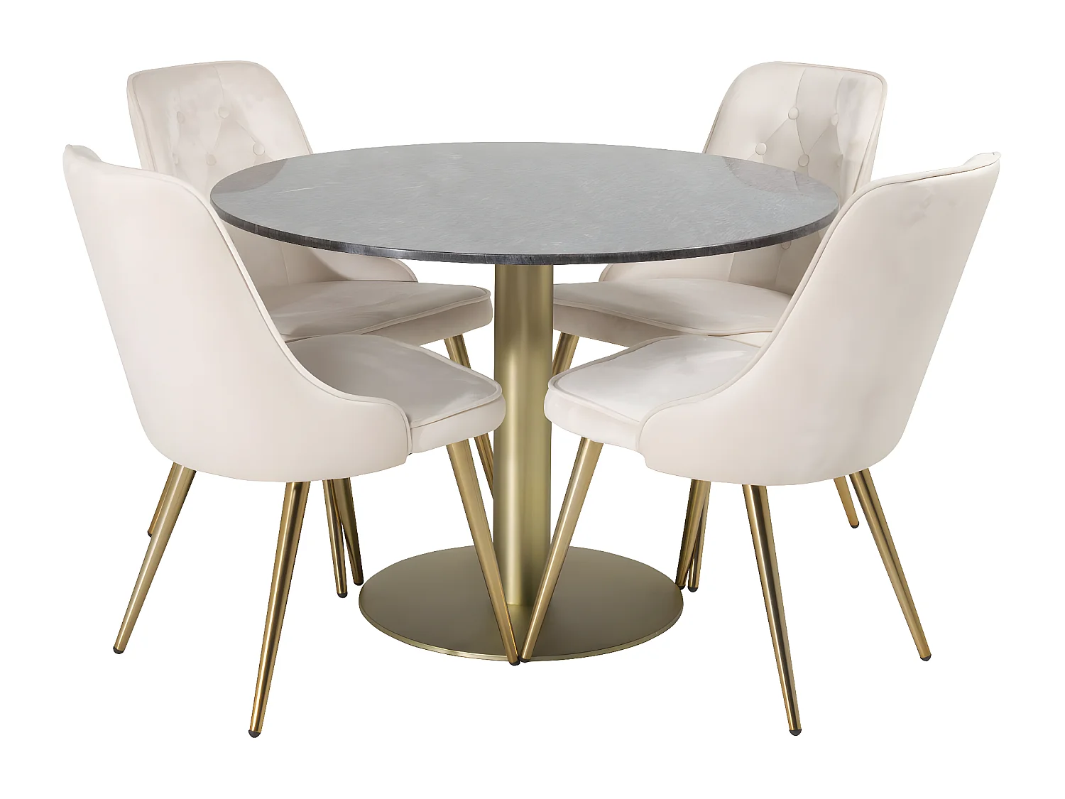 EstelleØ106BLBR ensemble table, table noir, marbre et 4 Velvet Deluxe chaises Velours beige, laiton décor.