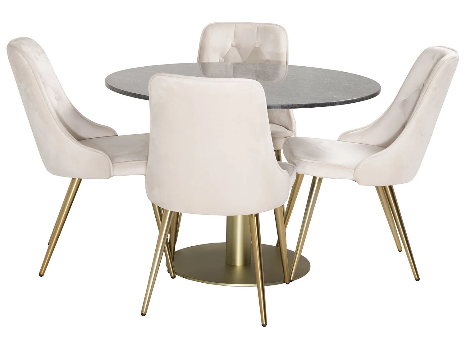 EstelleØ106BLBR Essgruppe Esstisch schwarz, Marmor und 4 Velvet Deluxe Esszimmerstühle Velour beige, Messing dekor.