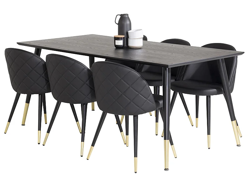Dipp180x90BLBR Essgruppe Esstisch schwarz und 6 Velvet Esszimmerstühle PU Kunstleder schwarz.
