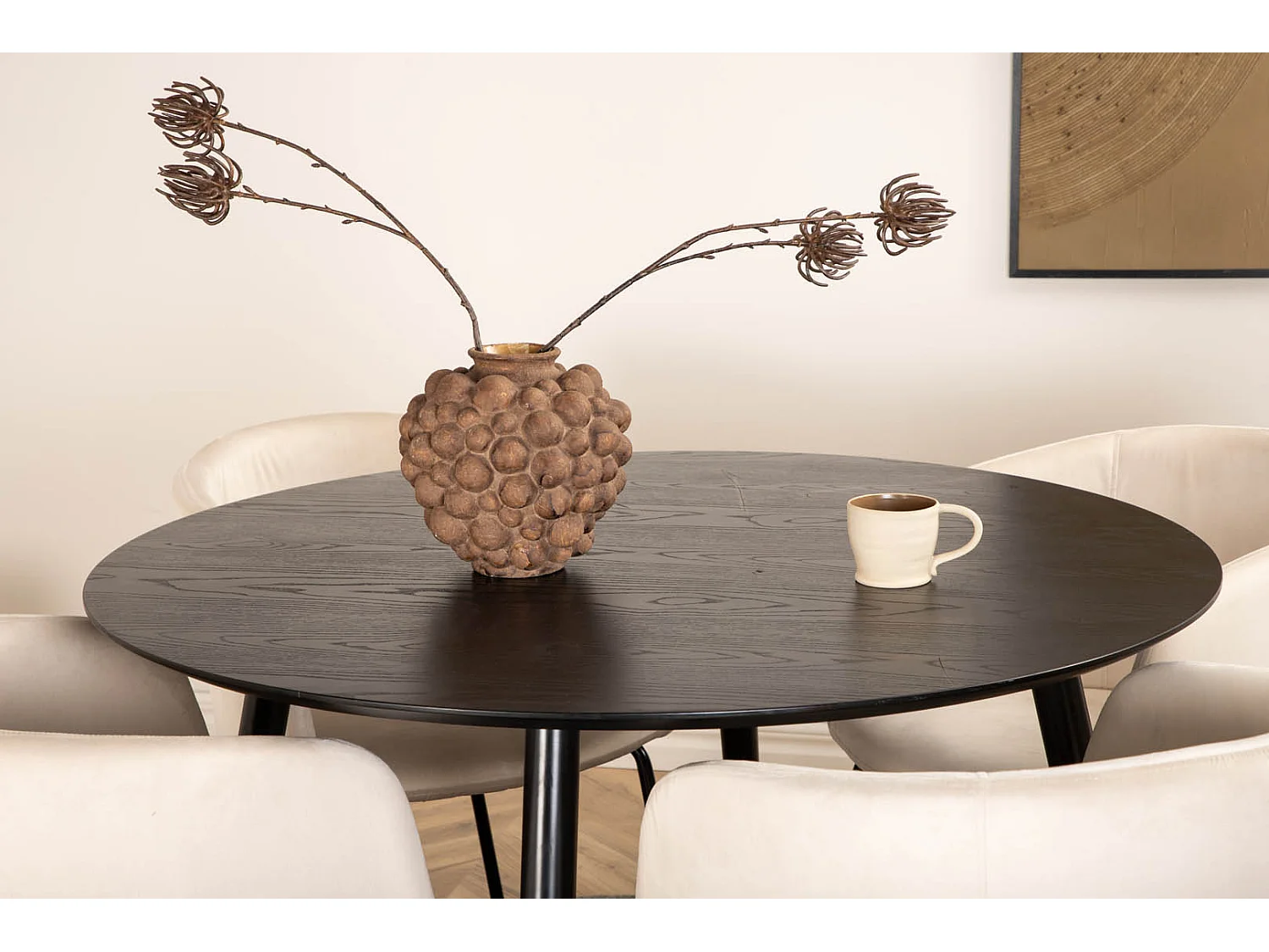 DippØ115BLBL Essgruppe Esstisch schwarz und 4 Berit Esszimmerstühle Velour beige.