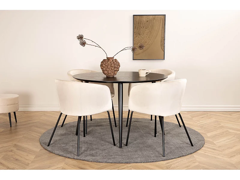 DippØ115BLBL eethoek eetkamertafel zwart en 4 Berit eetkamerstal velours beige.