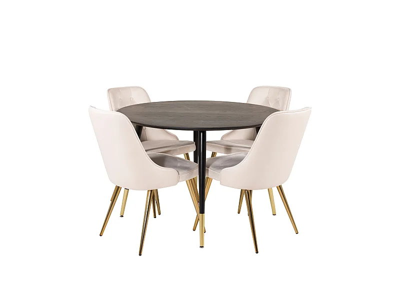 DippØ115BLBR Essgruppe Esstisch schwarz und 4 Velvet Deluxe Esszimmerstühle Velour beige, Messing dekor.