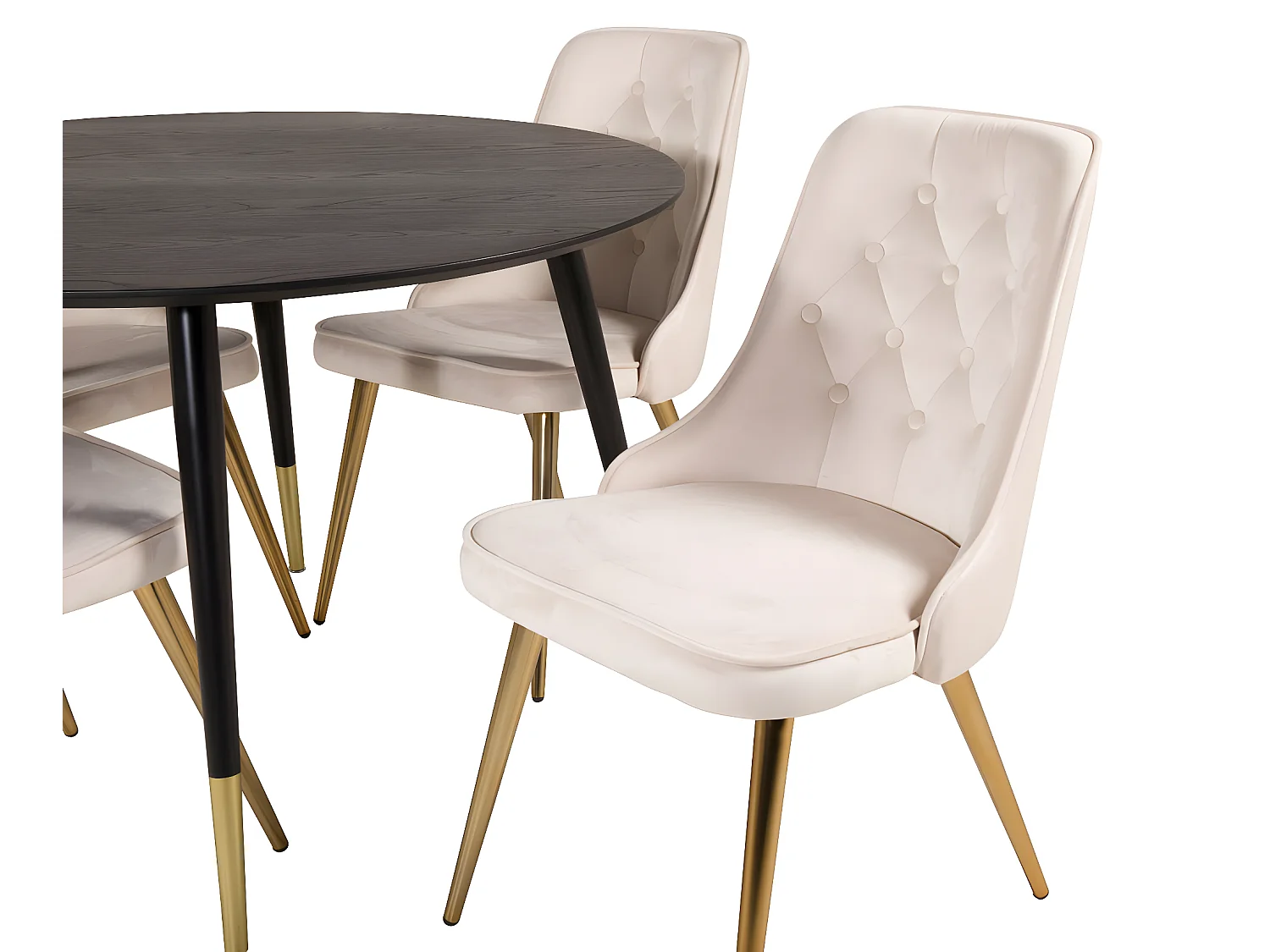 DippØ115BLBR eethoek eetkamertafel zwart en 4 Velvet Deluxe eetkamerstal velours beige, messing decor.