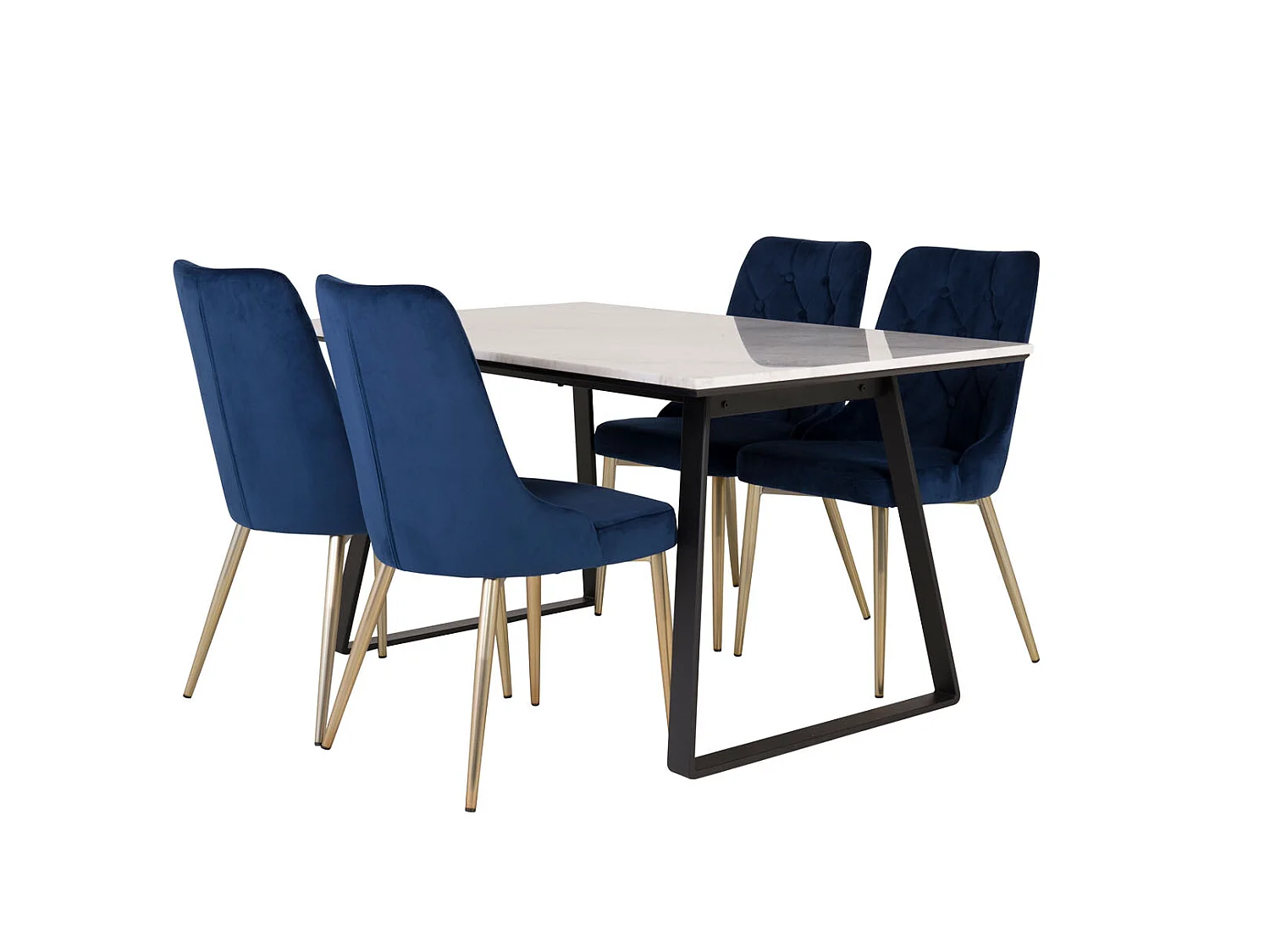 Estelle ensemble table, table marbre blanc et 4 Velvet Deluxe chaises Velours bleu, laiton décor.