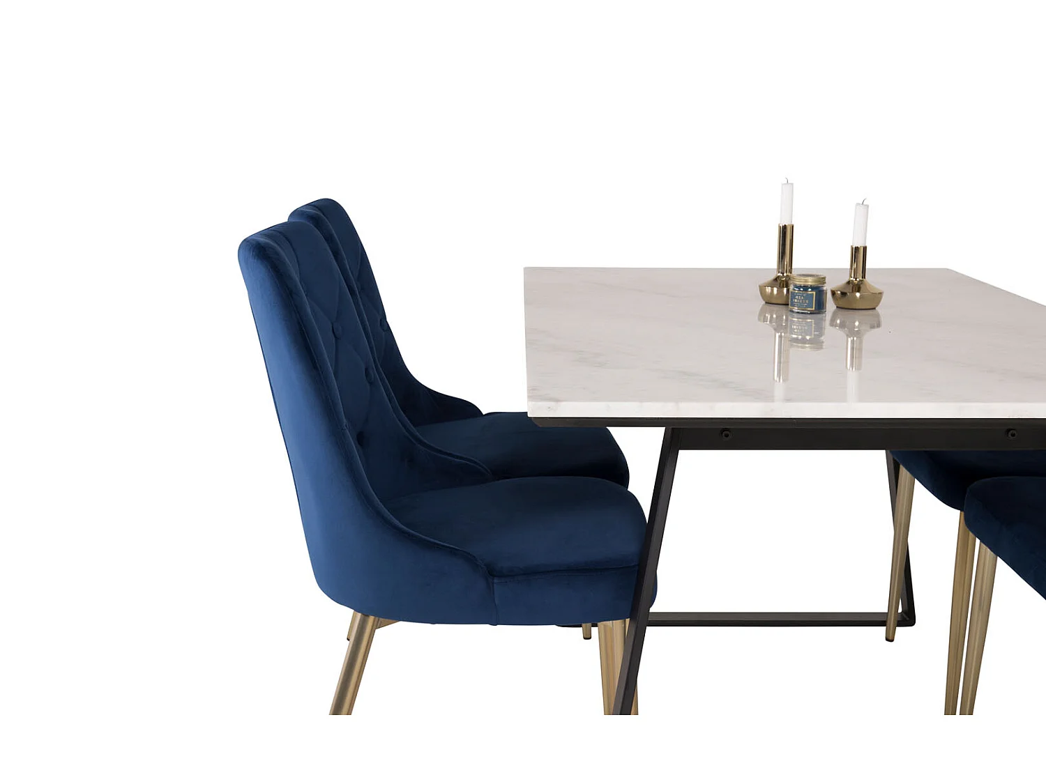 Estelle ensemble table, table marbre blanc et 4 Velvet Deluxe chaises Velours bleu, laiton décor.