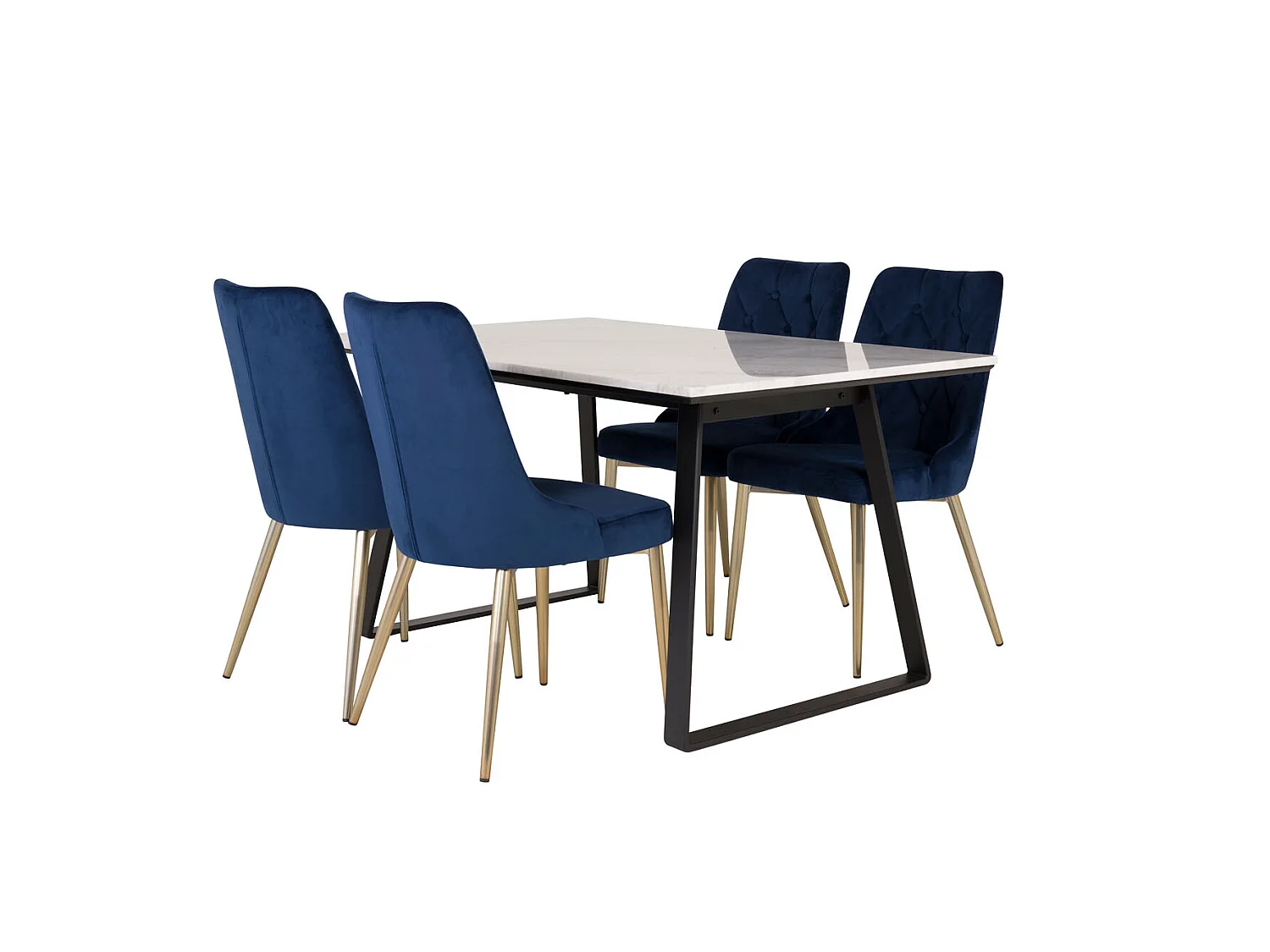 Estelle ensemble table, table marbre blanc et 4 Velvet Deluxe chaises Velours bleu, laiton décor.