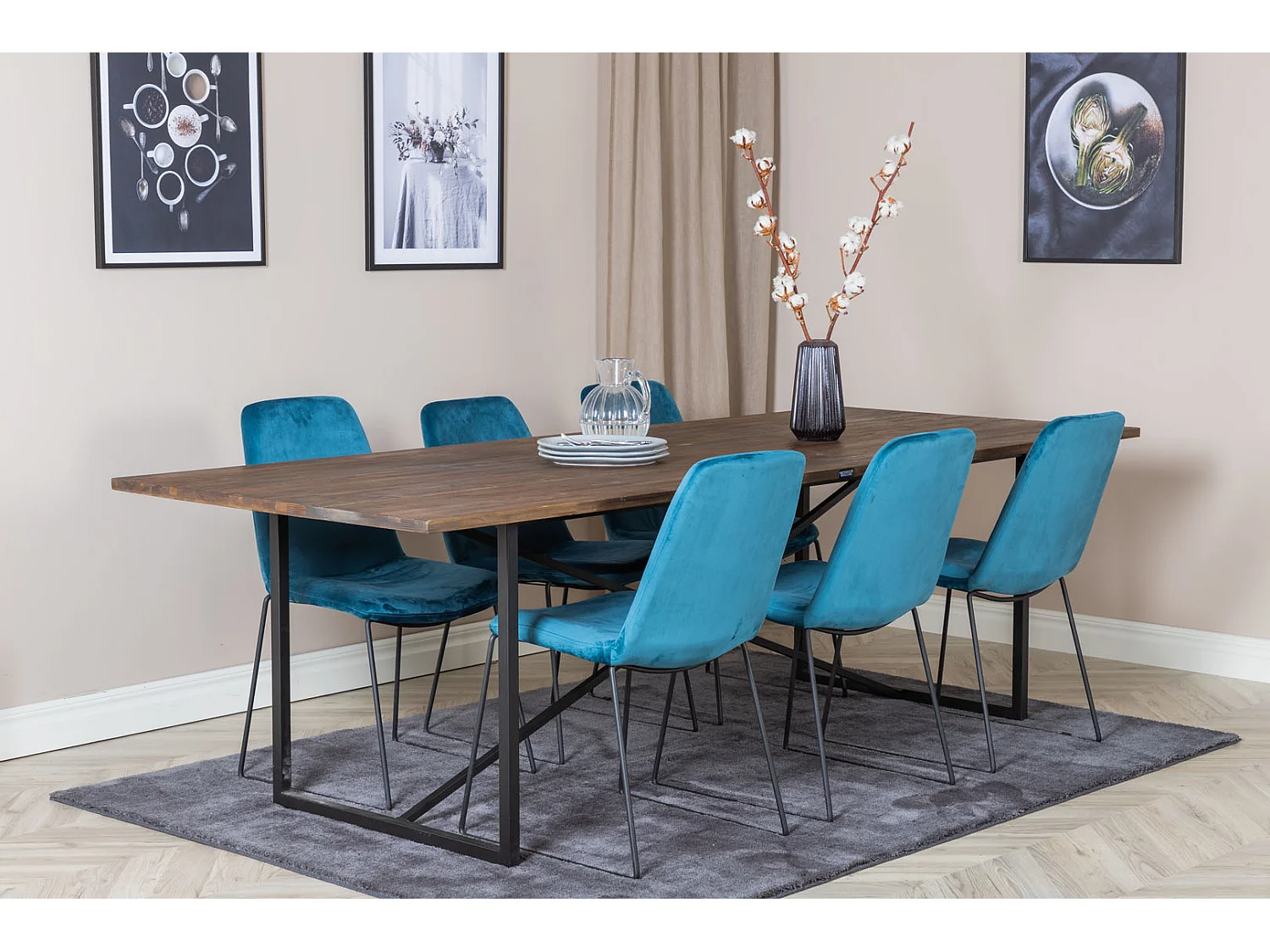 Padang ensemble table, table teck et 6 Muce chaises Velours bleu.