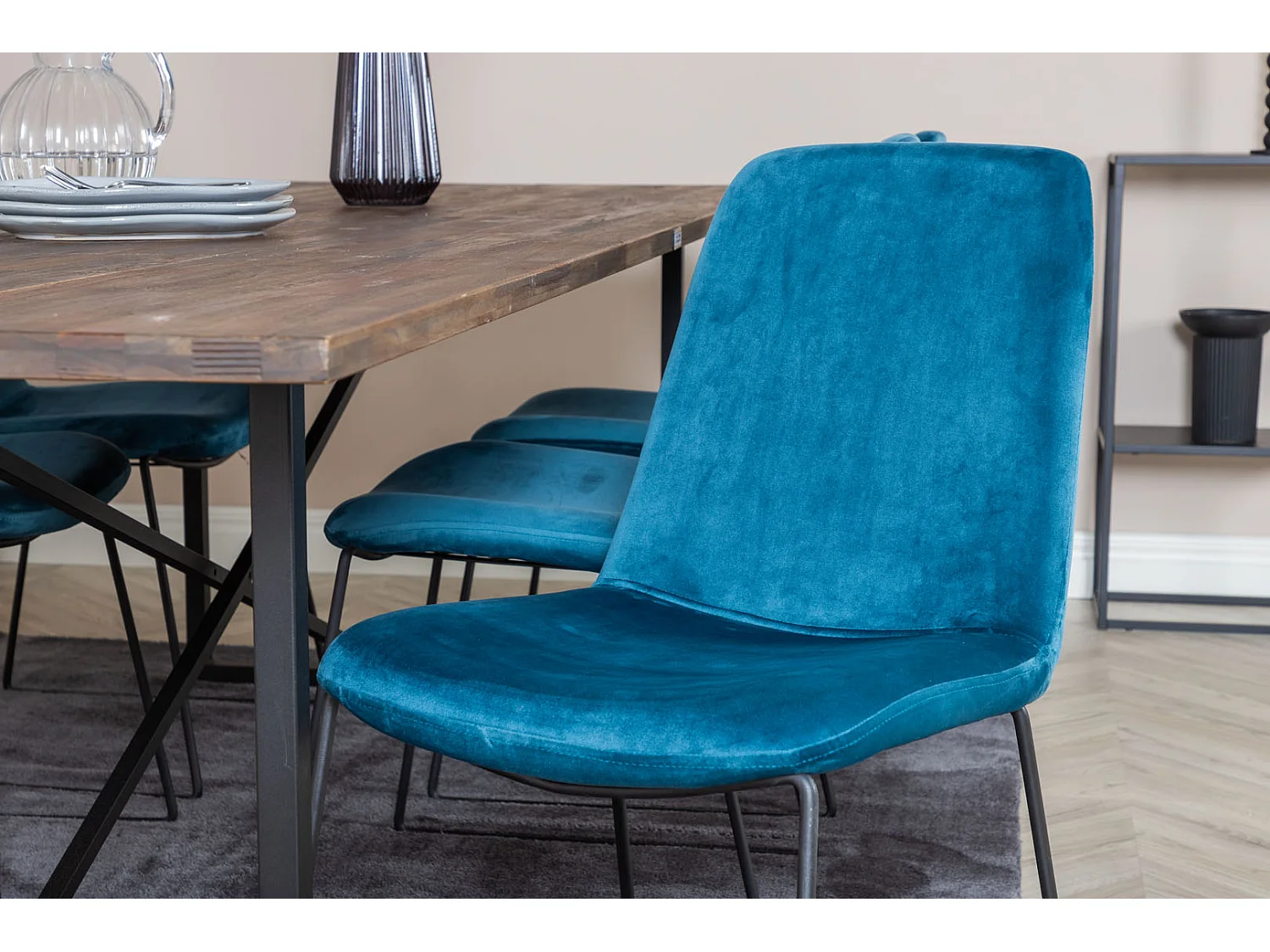 Padang ensemble table, table teck et 6 Muce chaises Velours bleu.