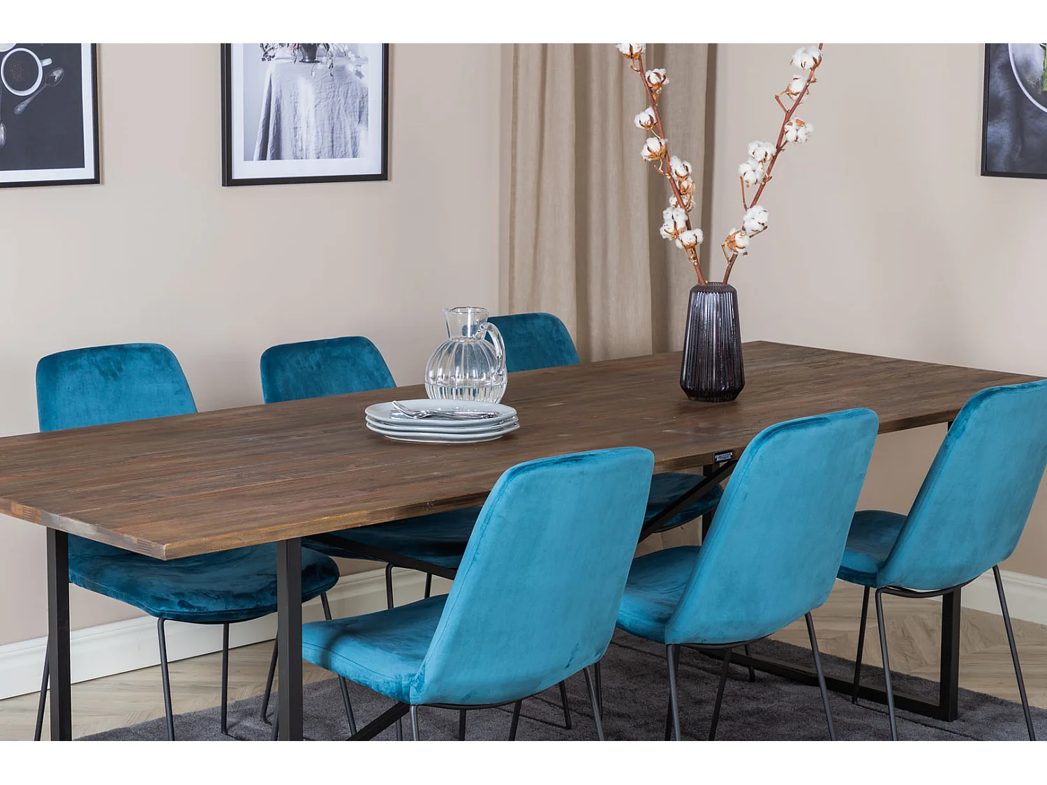 Padang ensemble table, table teck et 6 Muce chaises Velours bleu.