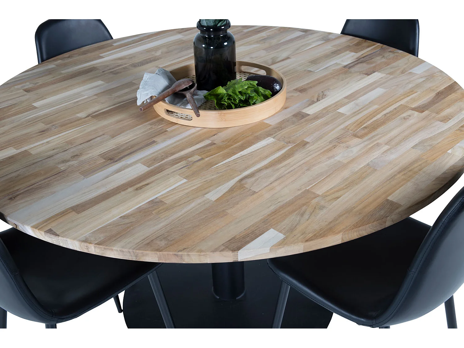 Cirebon140 ensemble table, table teck et 4 Polar chaises Similicuir PU noir.