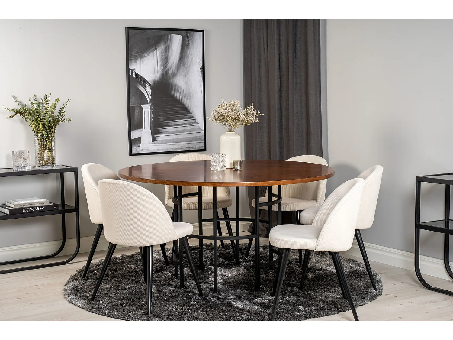 Copenhagen ensemble table, table marron et 6 Velvet chaises Velours côtelé beige, noir.