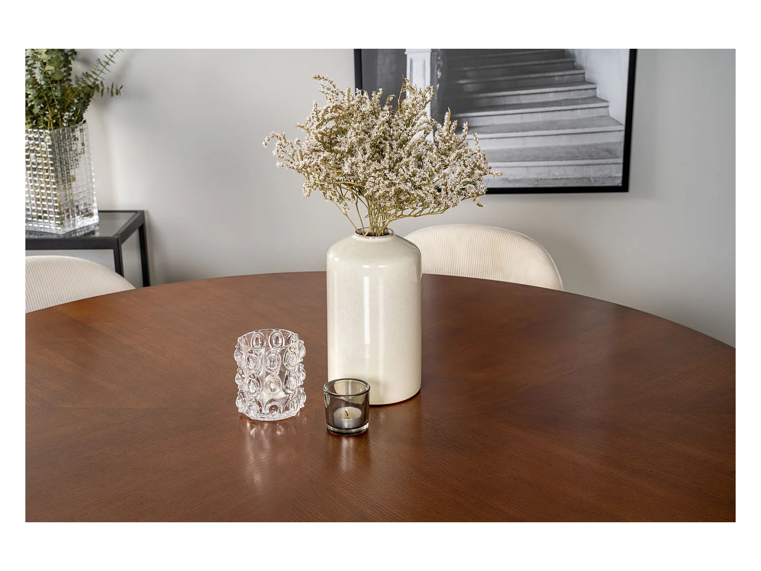 Copenhagen ensemble table, table marron et 6 Velvet chaises Velours côtelé beige, noir.