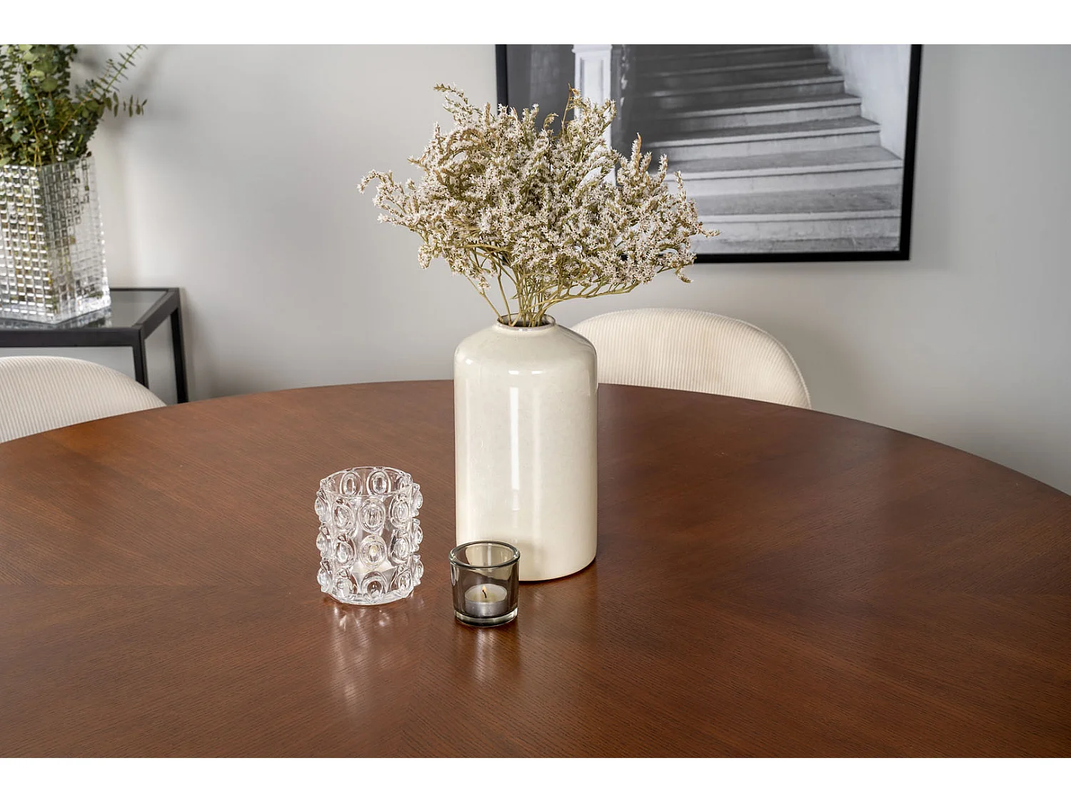 Copenhagen Essgruppe Esstisch braun und 6 Velvet Esszimmerstühle Samt beige, schwarz.