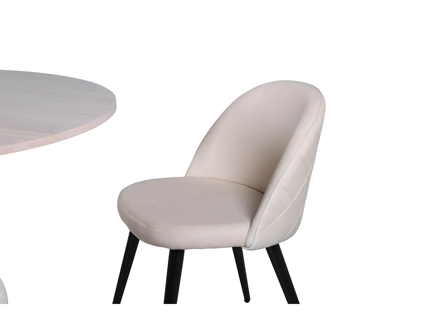 BiancaROWW ensemble table, table chêne plaqué blanc washed et 4 Velvet Stitches chaises Velours beige.