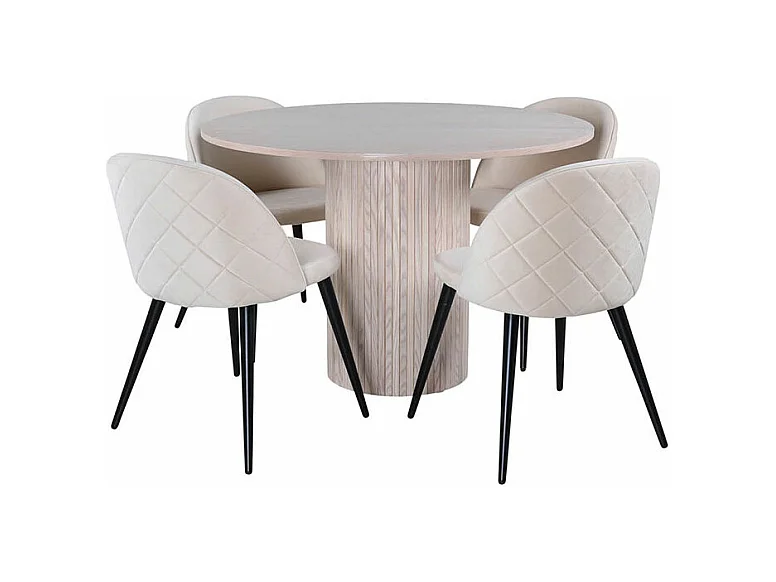 BiancaROWW ensemble table, table chêne plaqué blanc washed et 4 Velvet Stitches chaises Velours beige.