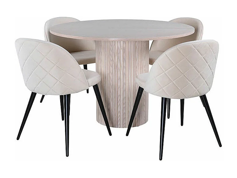 BiancaROWW eethoek eetkamertafel eik fineer wit washed en 4 Velvet Stitches eetkamerstal velours beige.