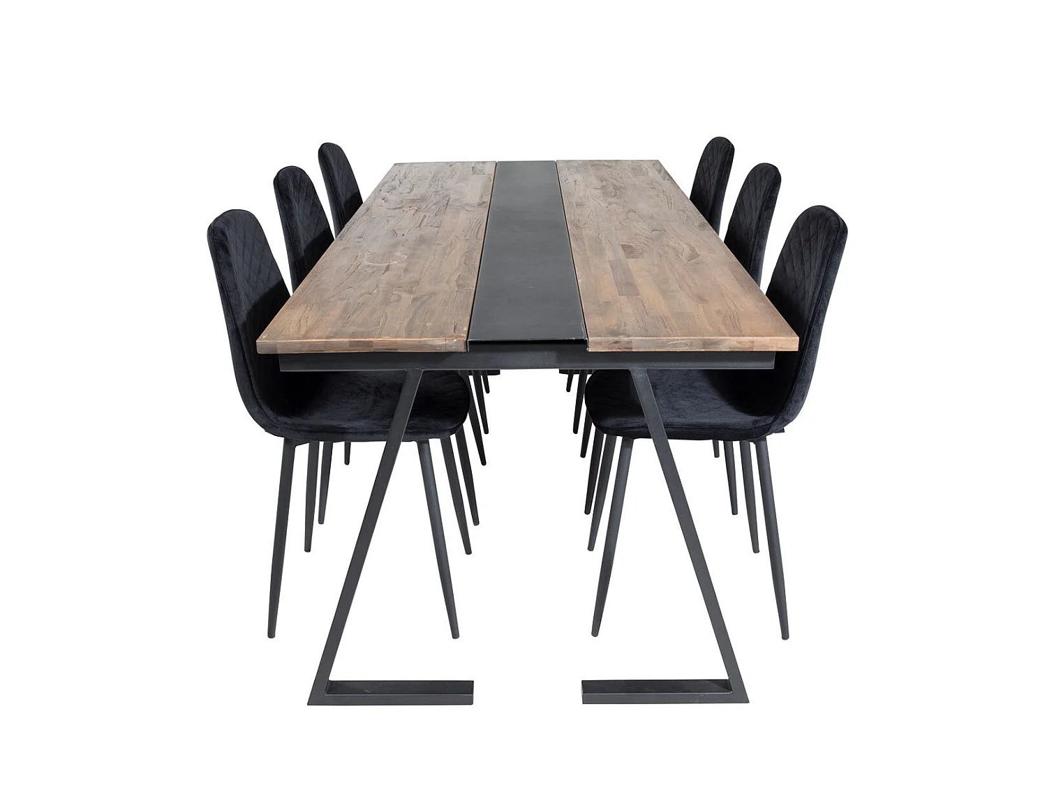 Jakarta ensemble table, table teck et 6 Polar Diamond chaises Velours noir.