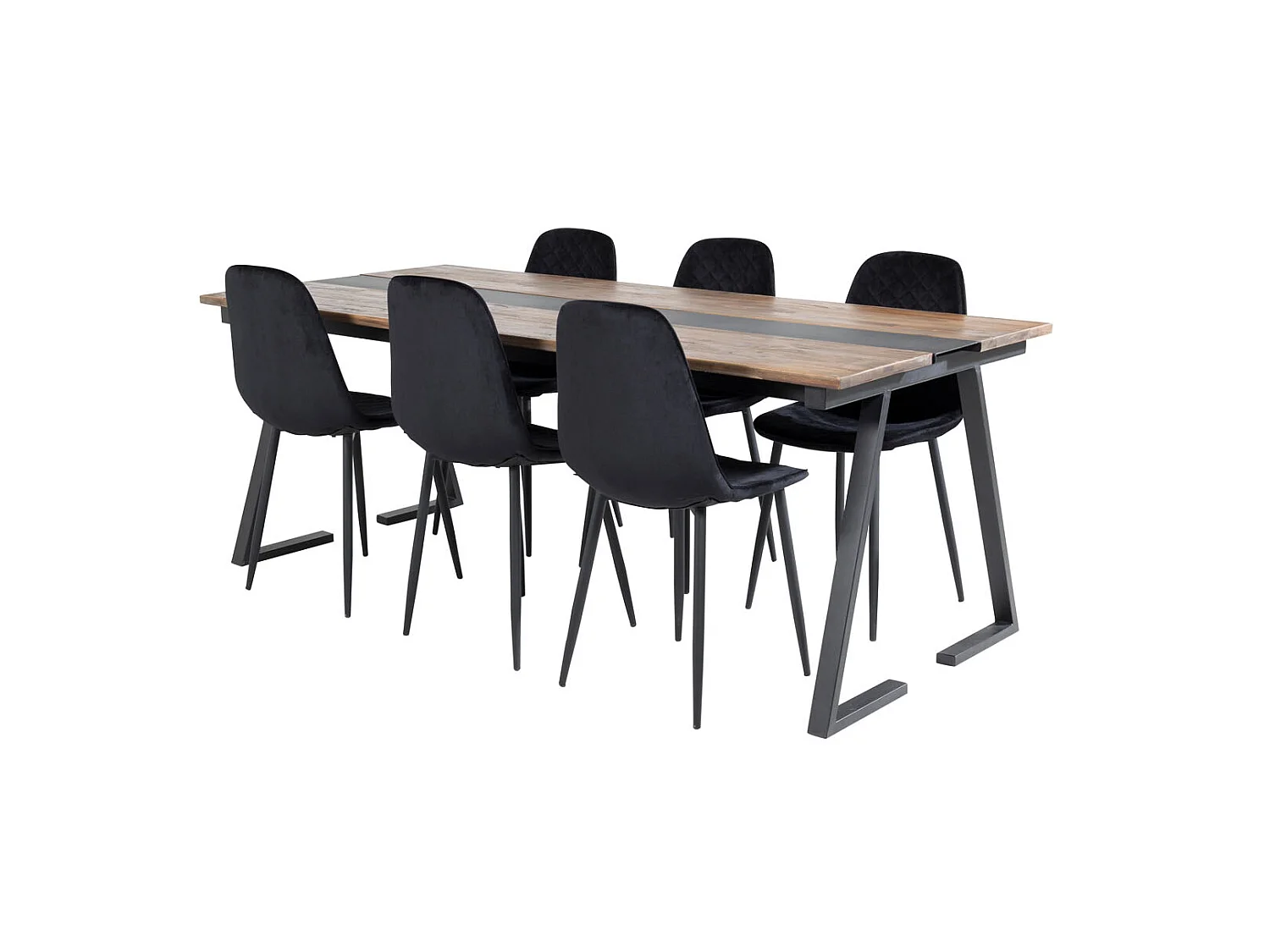 Jakarta ensemble table, table teck et 6 Polar Diamond chaises Velours noir.