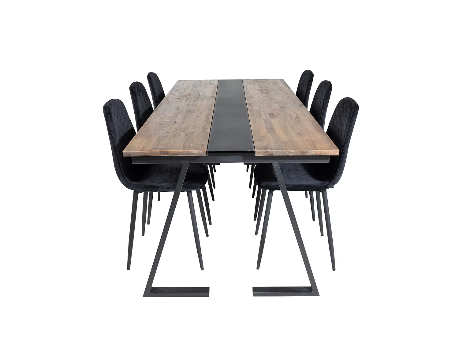Jakarta eethoek eetkamertafel teakhout en 6 Polar Diamond eetkamerstal velours zwart.