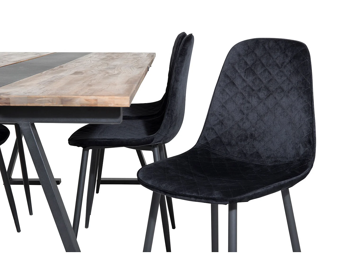 Jakarta ensemble table, table teck et 6 Polar Diamond chaises Velours noir.
