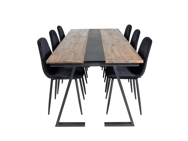 Jakarta ensemble table, table teck et 6 Polar Diamond chaises Velours noir.