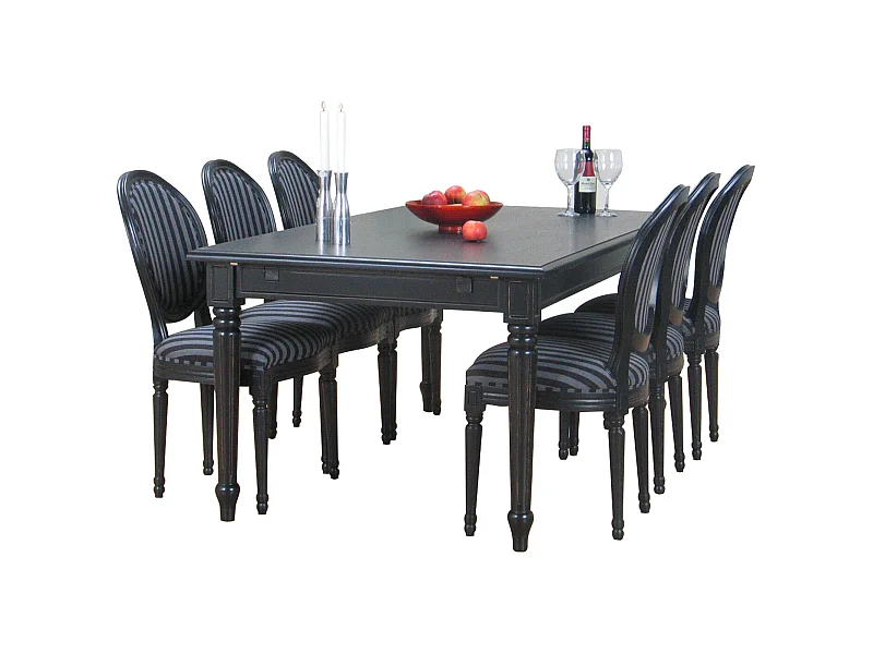 Amaretta Essgruppe100x180/280 einschl. 2 Zusatzplatte schwarz mit 6 Rokoko Stühlen antik schwarz/sch