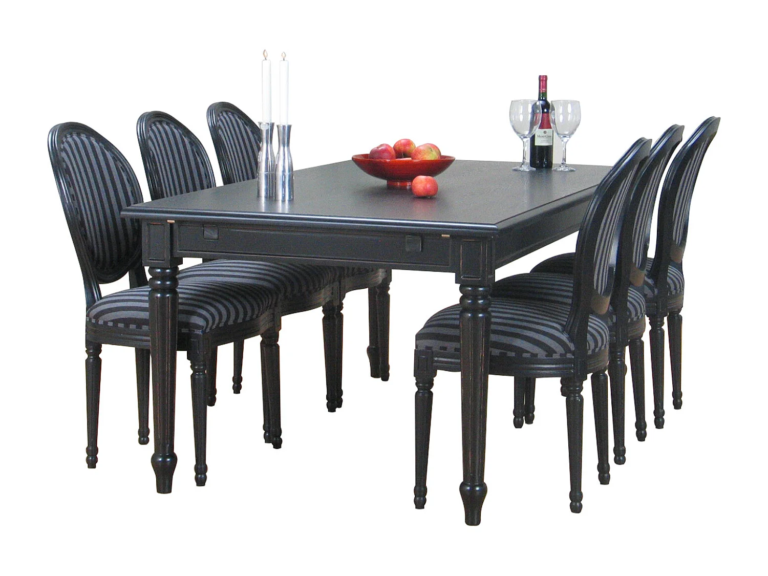 Amaretta Ensemble de salle à manger 100x180/280, 2 extensions inclues, noirs avec 6 chaises rococo vintages, noir.