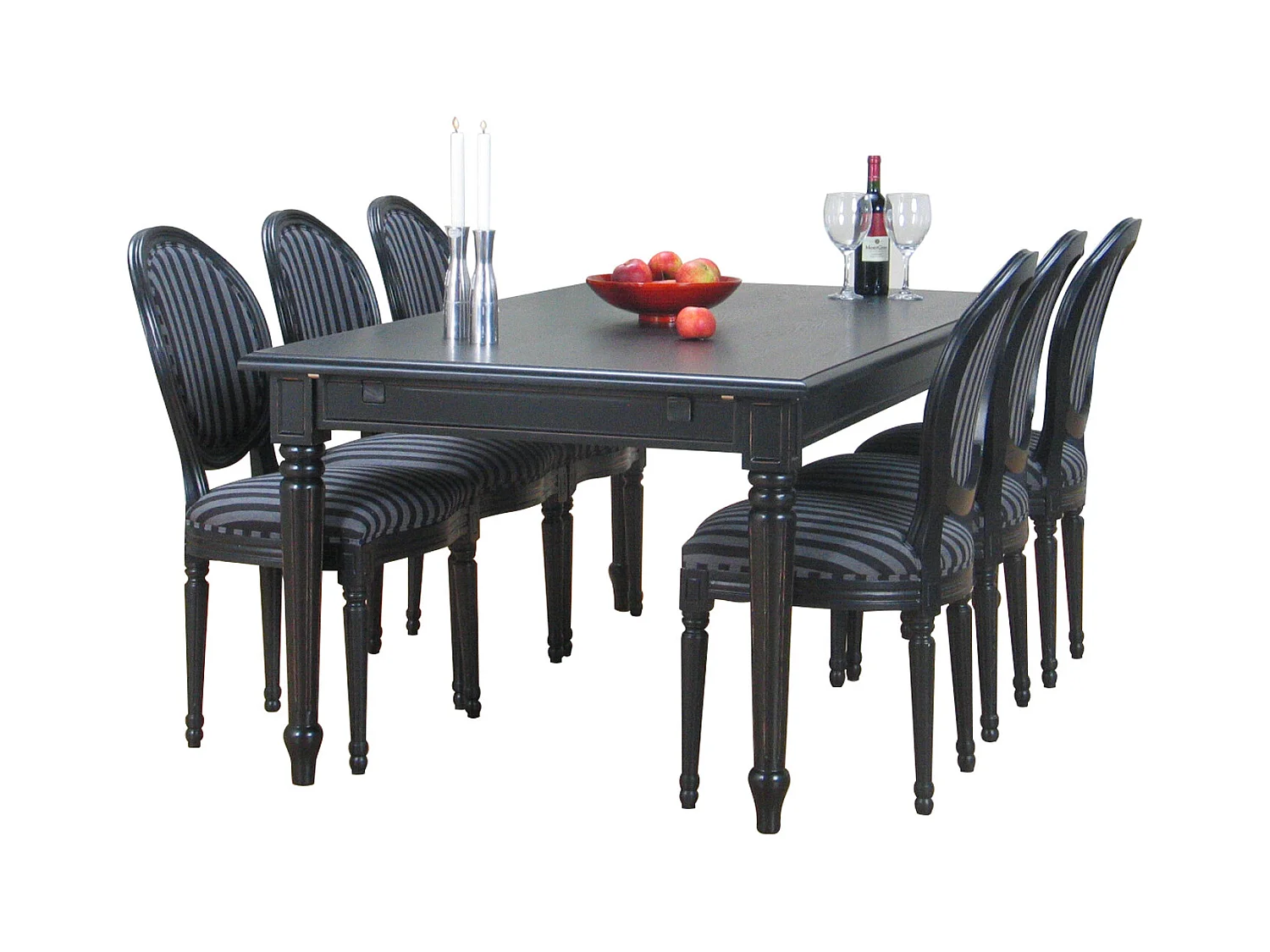 Amaretta Ensemble de salle à manger 100x180/280, 2 extensions inclues, noirs avec 6 chaises rococo vintages, noir.