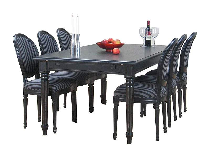 Amaretta Ensemble de salle à manger 100x180/280, 2 extensions inclues, noirs avec 6 chaises rococo vintages, noir.