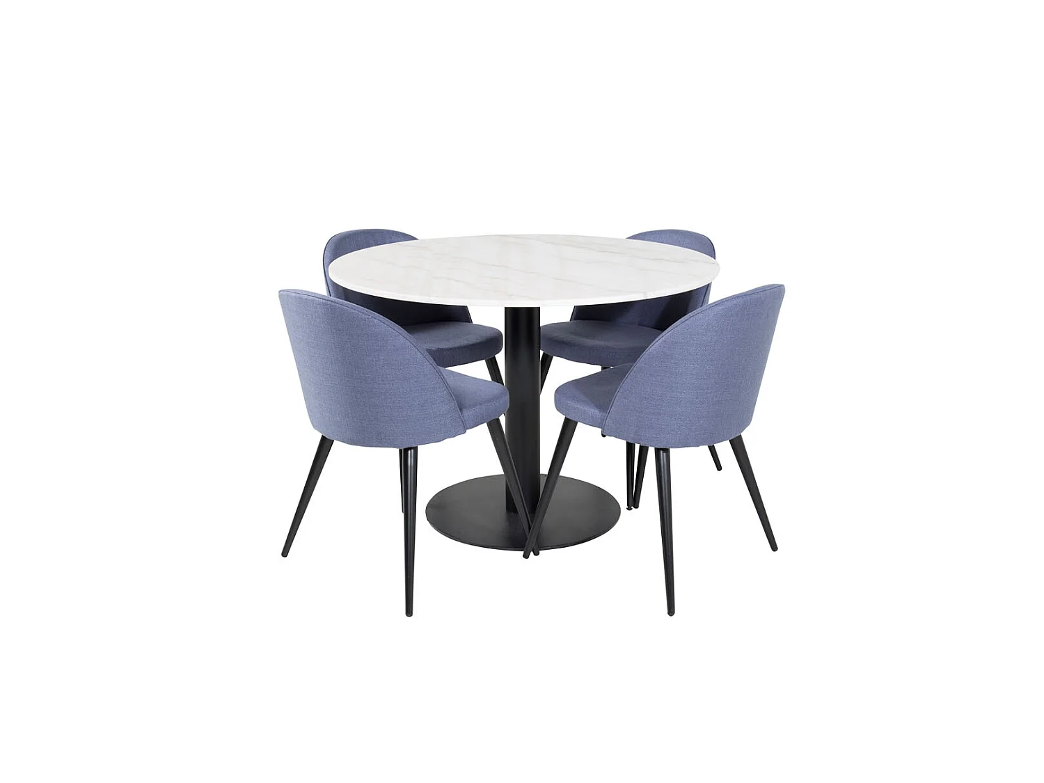 EstelleØ106WHBL eethoek eetkamertafel wit, marmer en 4 Velvet eetkamerstal blauw.