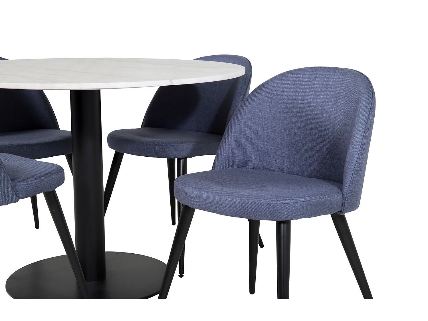 EstelleØ106WHBL eethoek eetkamertafel wit, marmer en 4 Velvet eetkamerstal blauw.
