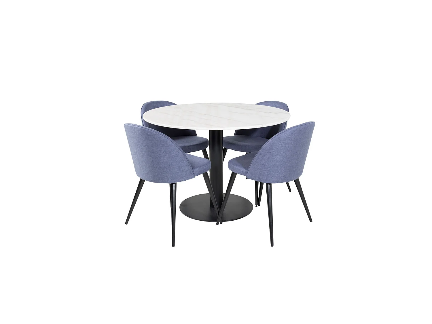 EstelleØ106WHBL ensemble table, table blanc, marbre et 4 Velvet chaises bleu.