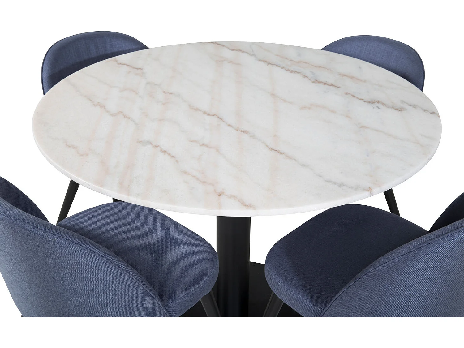 EstelleØ106WHBL ensemble table, table blanc, marbre et 4 Velvet chaises bleu.