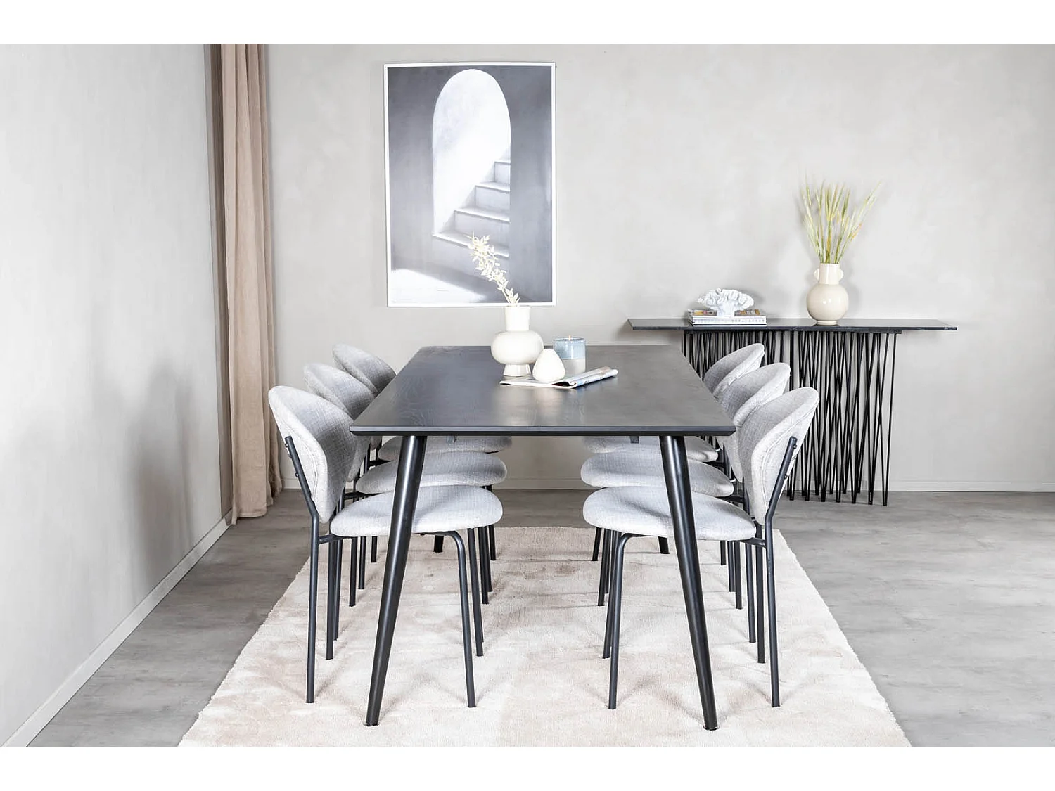 Dipp180x90BLBL eethoek eetkamertafel zwart en 6 Vault eetkamerstal grijs.