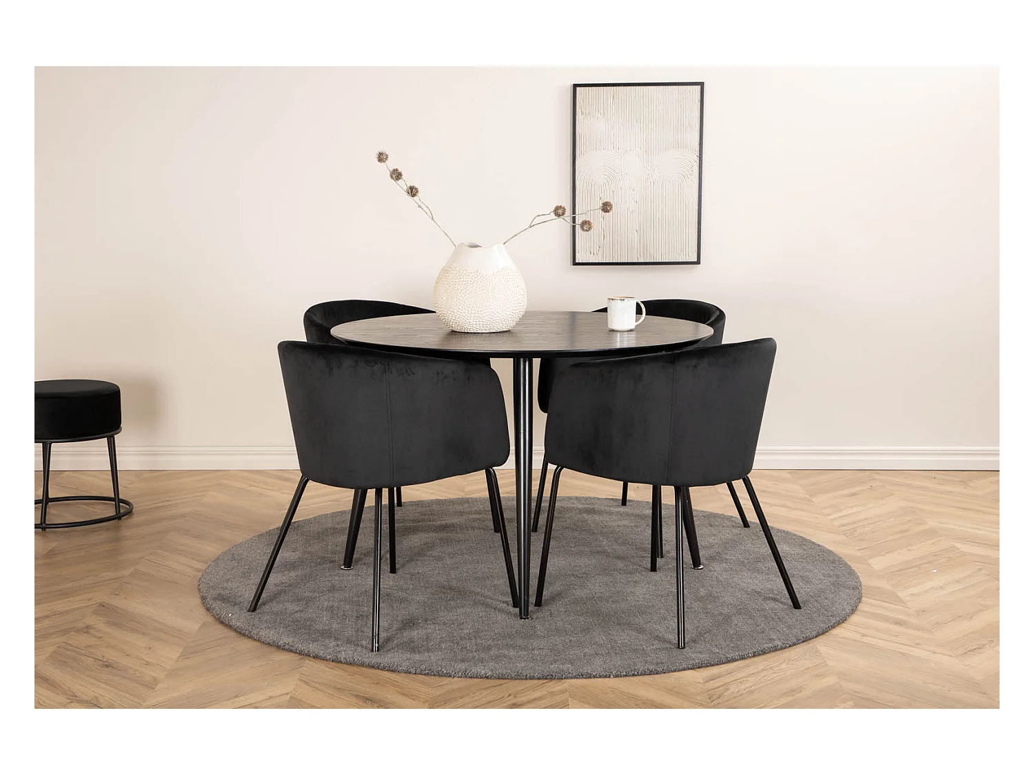 DippØ115BLBL ensemble table, table noir et 4 Berit chaises Velours noir.